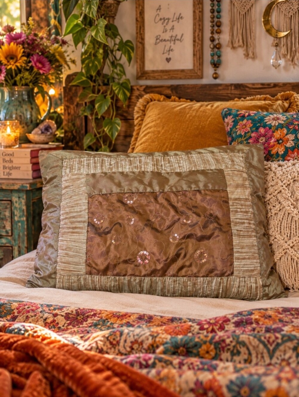 4/$15 Boho Patchwork Decorative Pillow 32x26 | Sequin Embroidered Accent Pillow